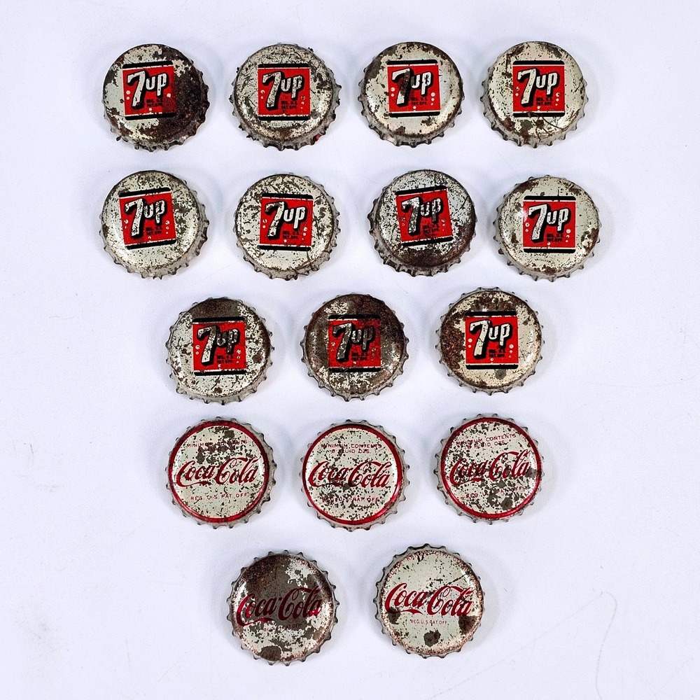 Vintage 7-Up and Coca-Cola Bottle Caps Lot of 16 Cork Lined Metal Soda Crowns